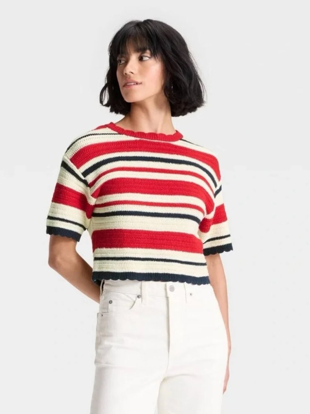 Universal Thread Women's Crewneck Knit Pullover Sweater Red/Navy/Cream Striped